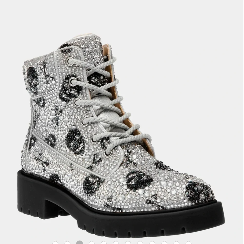 Betsey Johnson Sparkling Silver and Black Ankle Boots Halloween - Picture 3 of 8